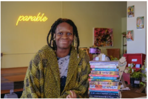 Inside Parable, the Black-owned indie bookseller, surrounded by stacks of books